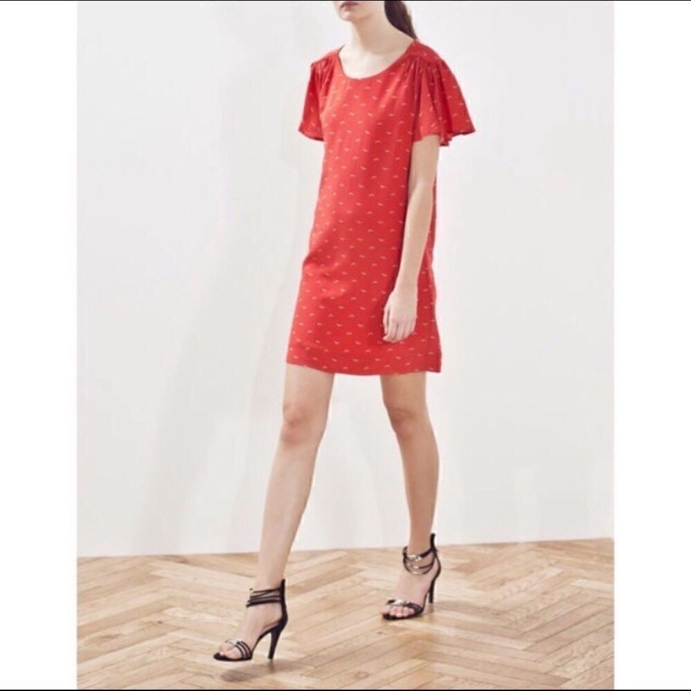 IKKS Coral Red Orange Bird Print Flutter Sleeve Mini Dress